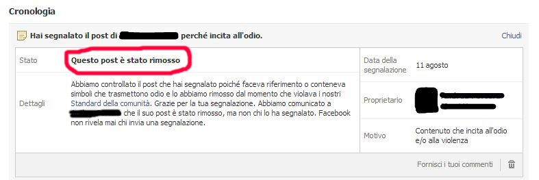 Fig. 2 - Se il contenuto non rispetta gli standard di Facebook, verrà rimosso dopo essere stato vagliato.