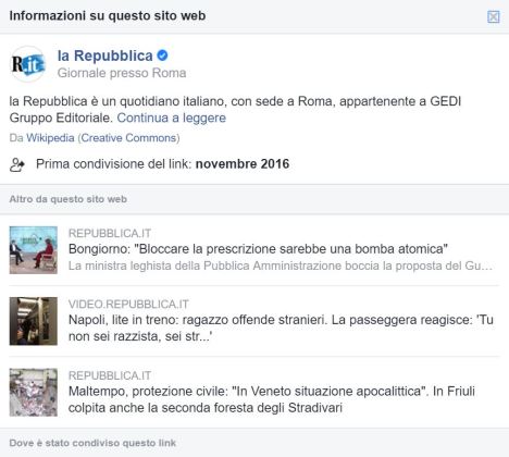 risultato pulsante informazioni su link facebook