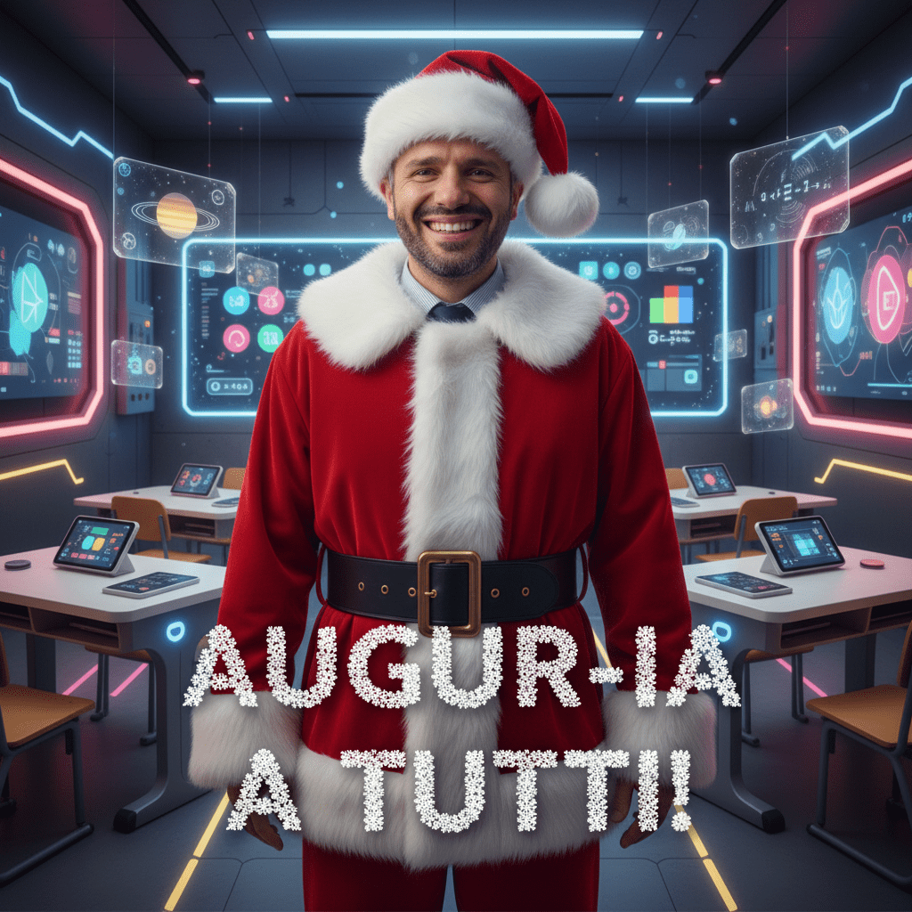 Sono vestito da Babbo Natale dentro una classe futuristica con la scritta AUGUR-IA A TUTTI